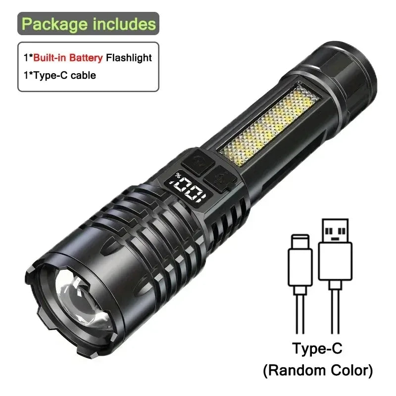 High Power LED Flashlight TYPE-C Rechargeable COB Torch Outdoor Camping Hiking Light