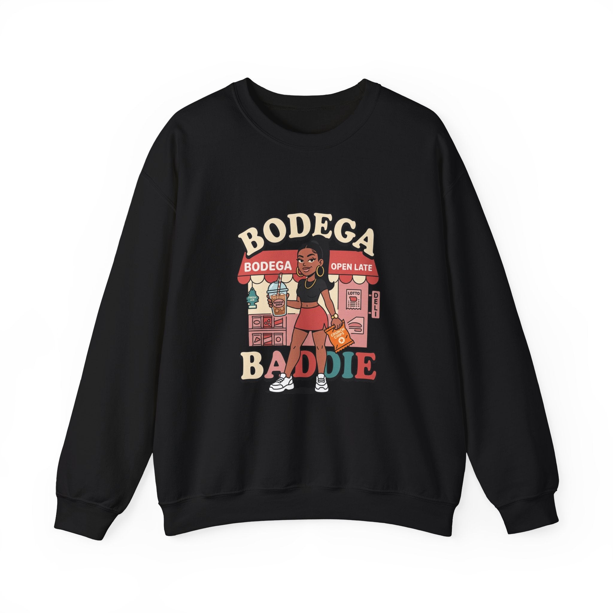 Bodega Baddie Crewneck Sweatshirt – NYC Y2K Streetwear Pullover | Spanglish Deli Sign Graphic | Retro Urban Style
