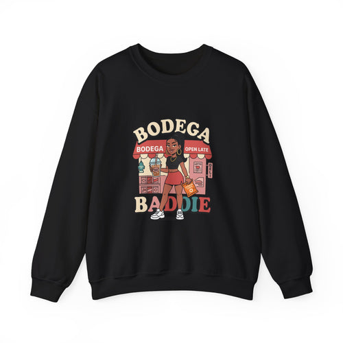 Bodega Baddie Crewneck Sweatshirt – NYC Y2K Streetwear Pullover | Spanglish Deli Sign Graphic | Retro Urban Style