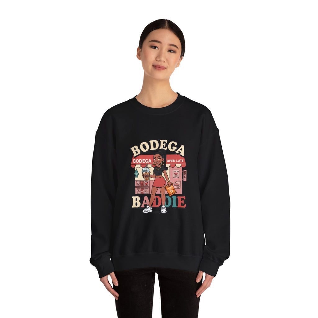 Bodega Baddie Crewneck Sweatshirt – NYC Y2K Streetwear Pullover | Spanglish Deli Sign Graphic | Retro Urban Style