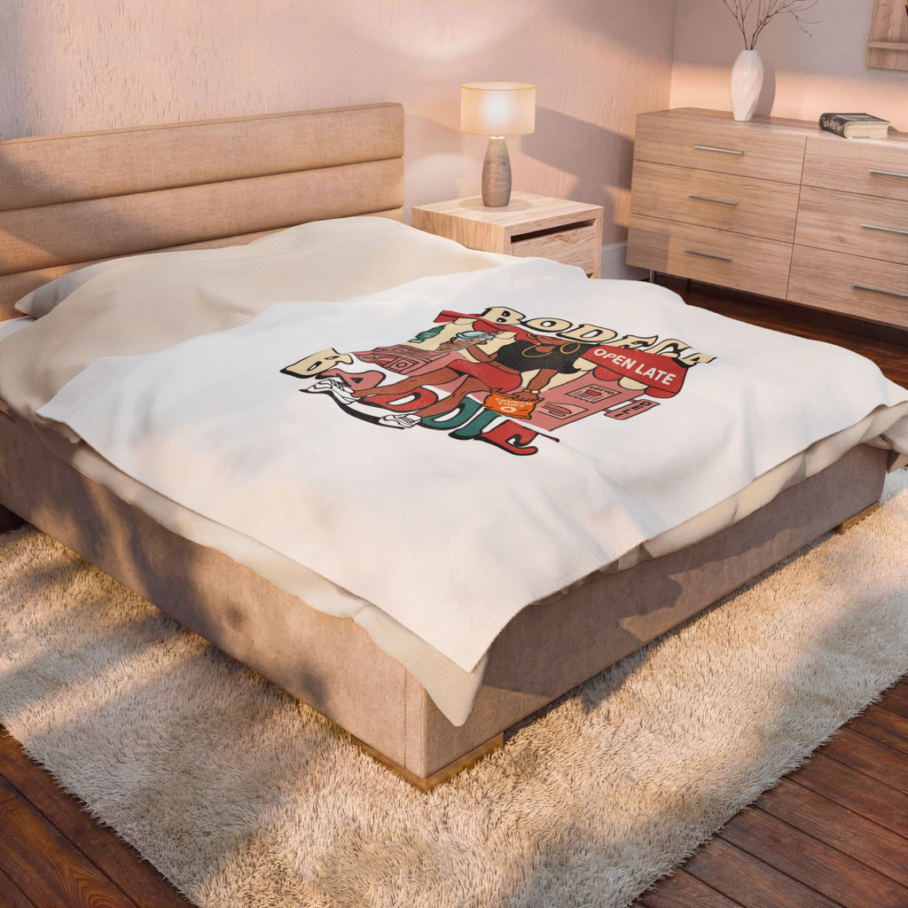 Bodega Baddie Velveteen Blanket – NYC Y2K Aesthetic Throw | Spanglish Deli Sign Design | Soft Cozy Plush Blanket