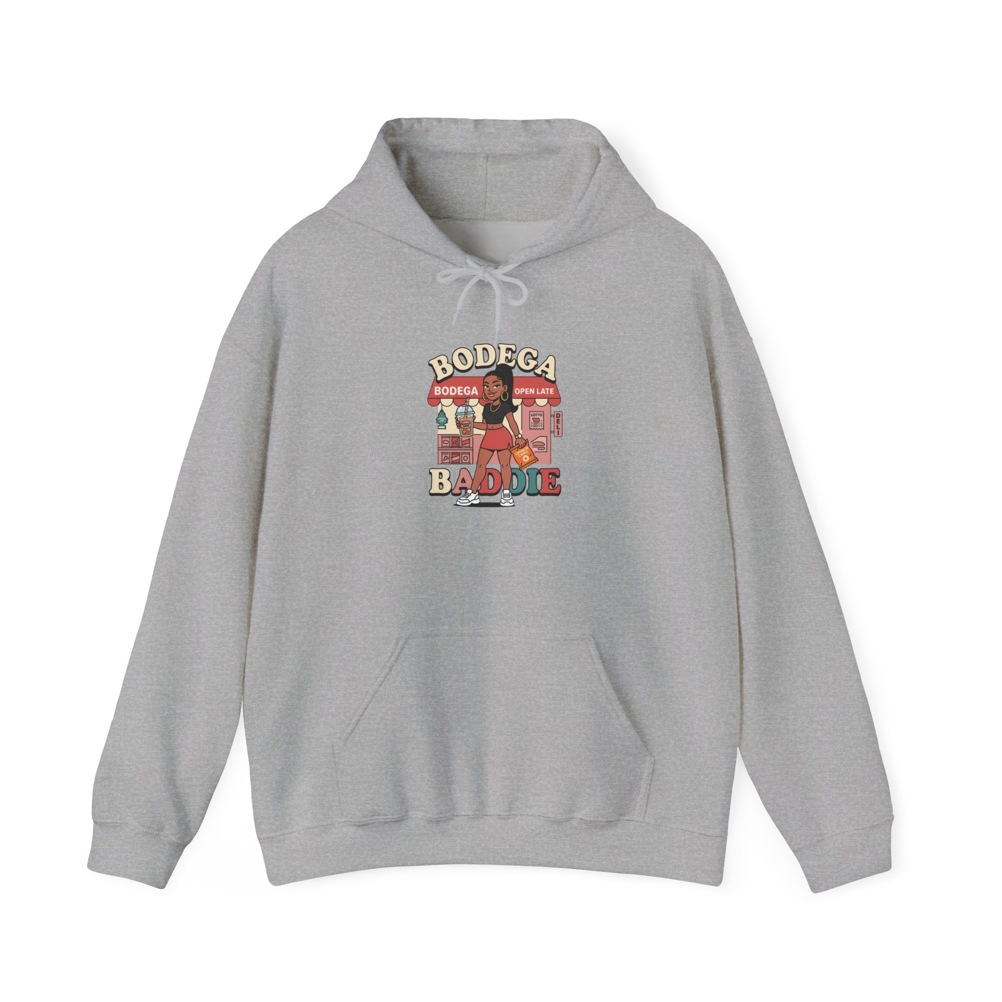 Bodega Baddie Hoodie – NYC Streetwear Y2K Pullover | Spanglish Corner Store Graphic | Varsity Cherries Aesthetic