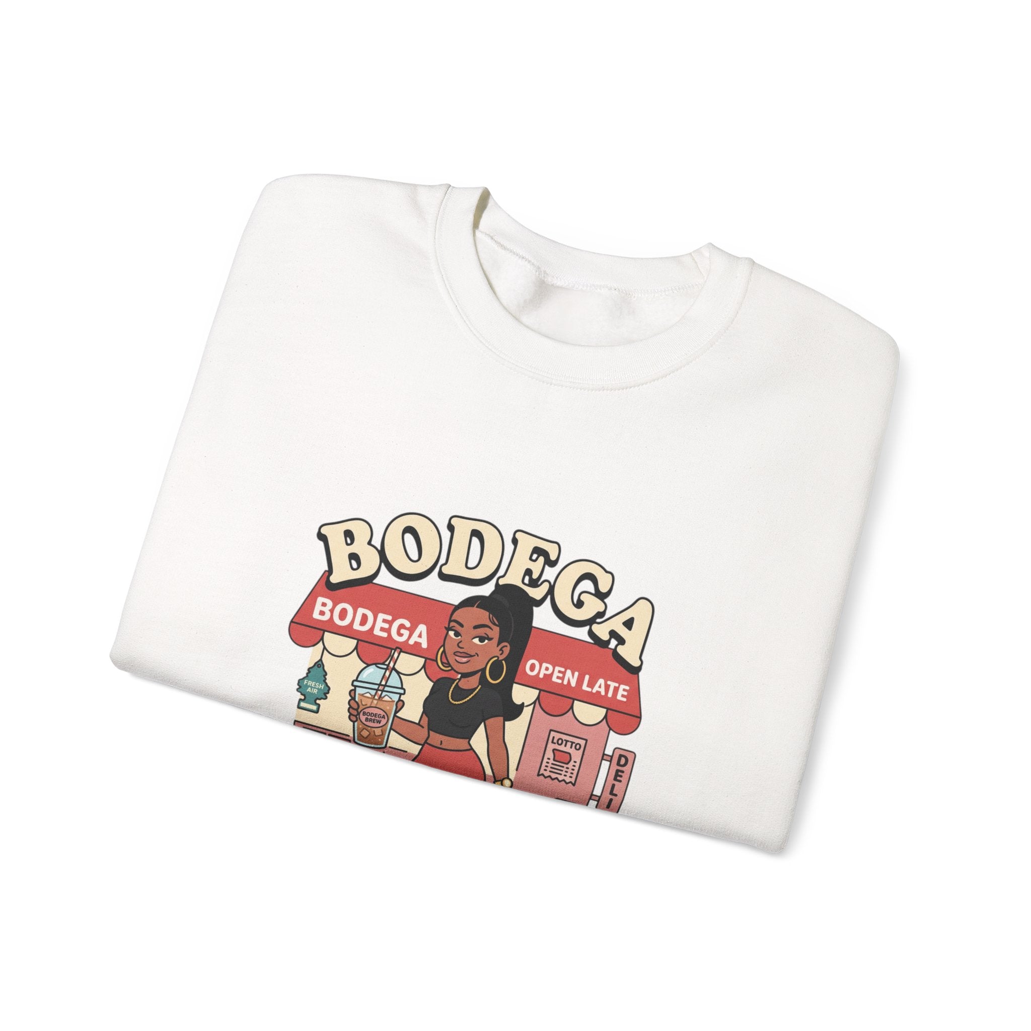 Bodega Baddie Crewneck Sweatshirt – NYC Y2K Streetwear Pullover | Spanglish Deli Sign Graphic | Retro Urban Style