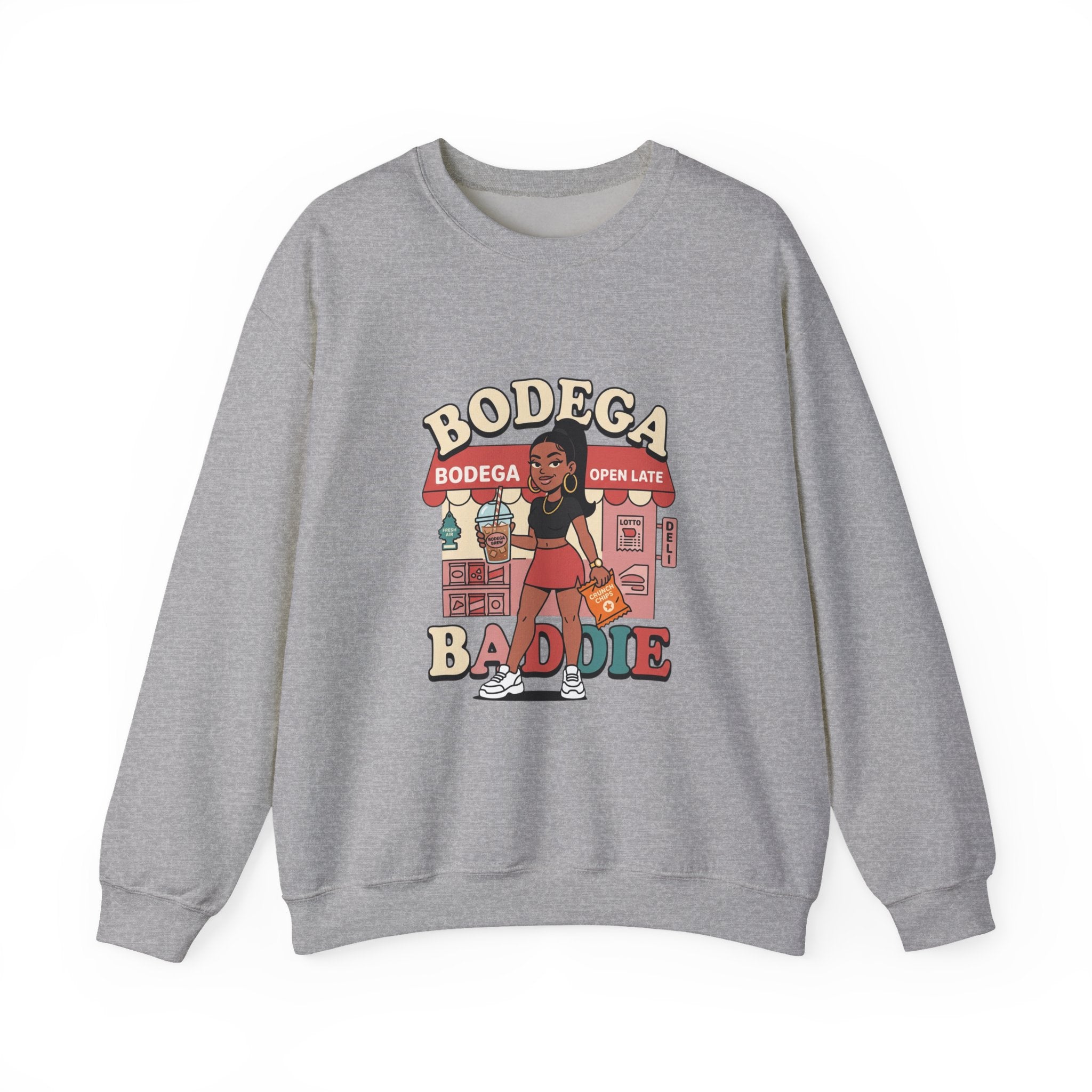 Bodega Baddie Crewneck Sweatshirt – NYC Y2K Streetwear Pullover | Spanglish Deli Sign Graphic | Retro Urban Style