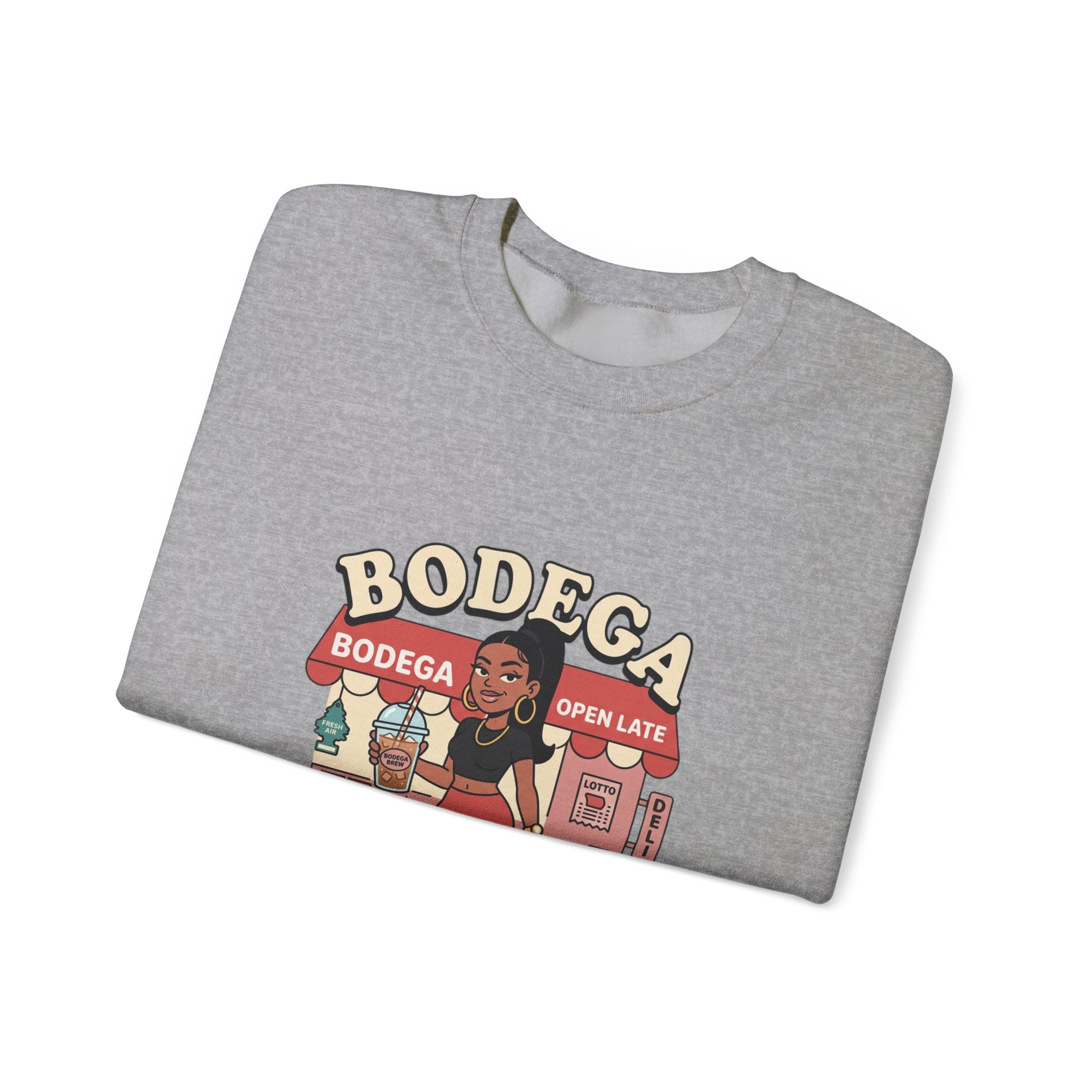 Bodega Baddie Crewneck Sweatshirt – NYC Y2K Streetwear Pullover | Spanglish Deli Sign Graphic | Retro Urban Style