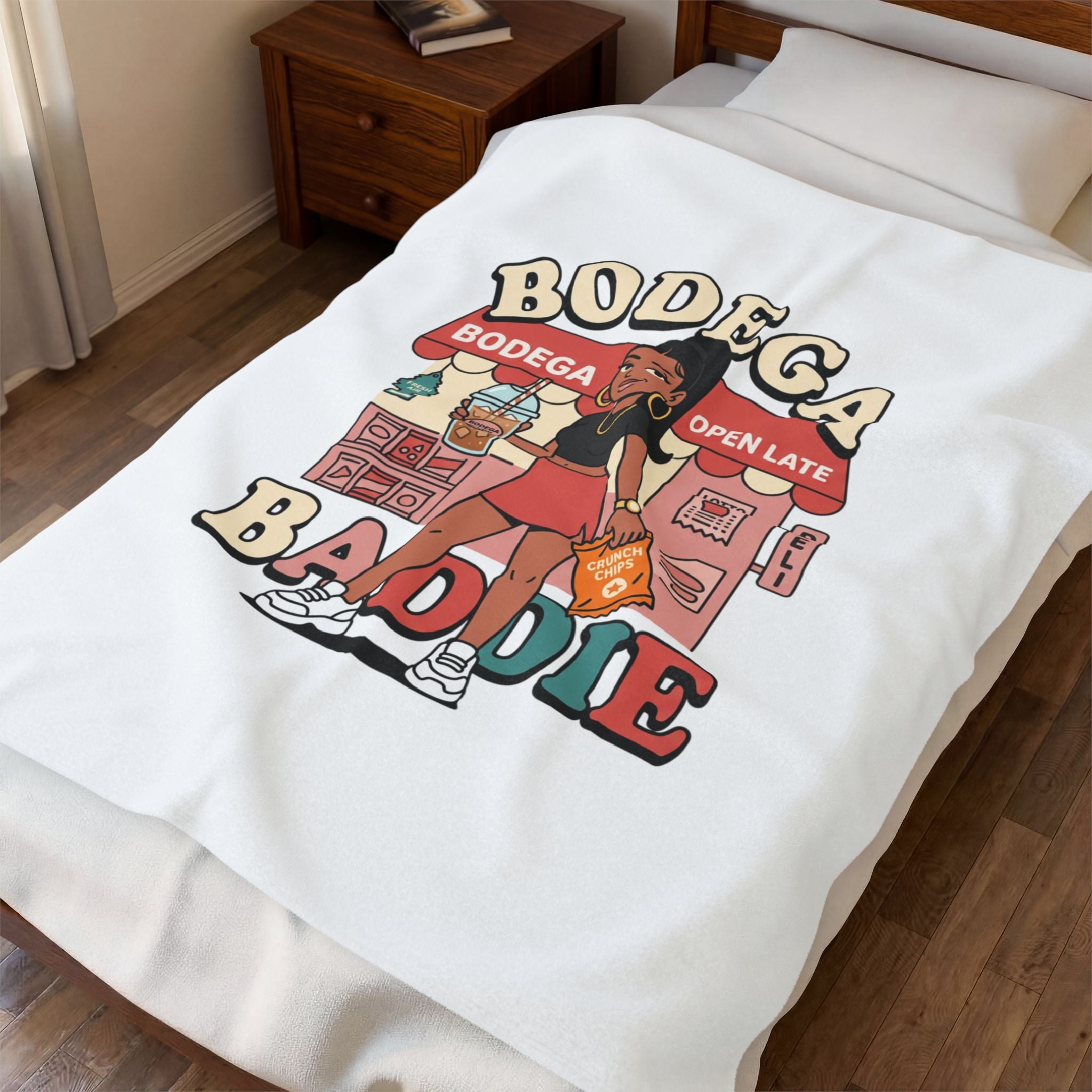 Bodega Baddie Velveteen Blanket – NYC Y2K Aesthetic Throw | Spanglish Deli Sign Design | Soft Cozy Plush Blanket