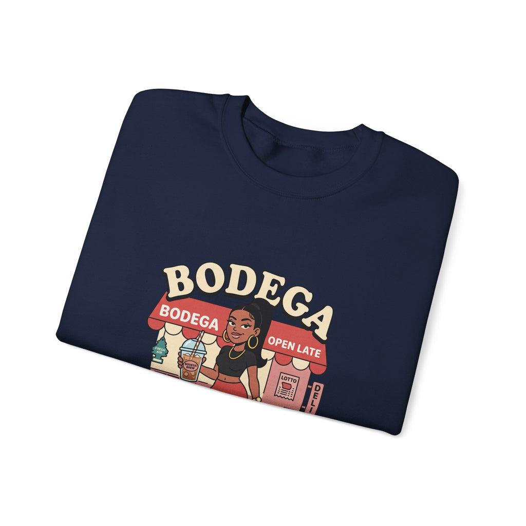 Bodega Baddie Crewneck Sweatshirt – NYC Y2K Streetwear Pullover | Spanglish Deli Sign Graphic | Retro Urban Style