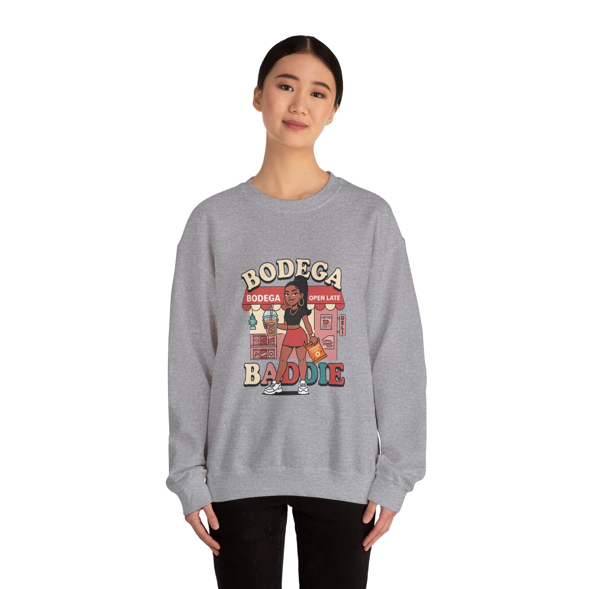 Bodega Baddie Crewneck Sweatshirt – NYC Y2K Streetwear Pullover | Spanglish Deli Sign Graphic | Retro Urban Style