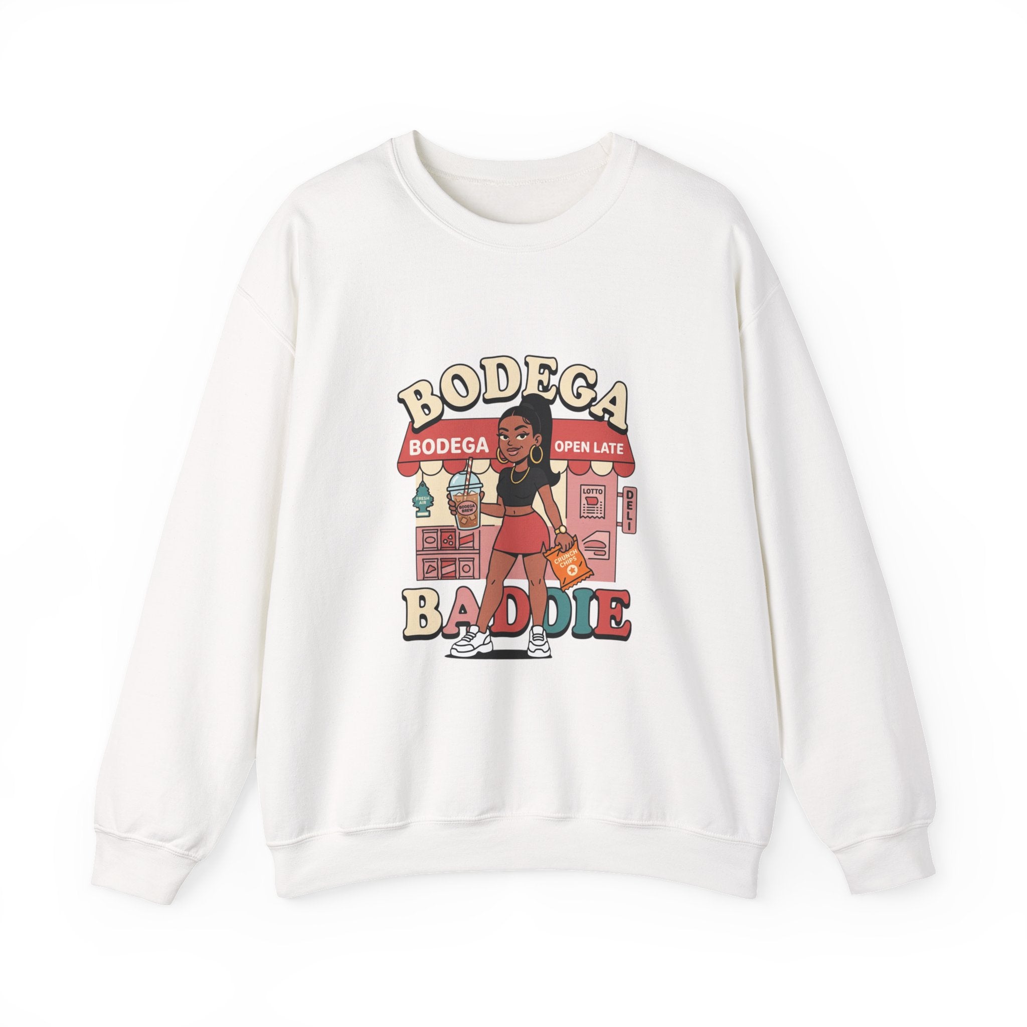 Bodega Baddie Crewneck Sweatshirt – NYC Y2K Streetwear Pullover | Spanglish Deli Sign Graphic | Retro Urban Style