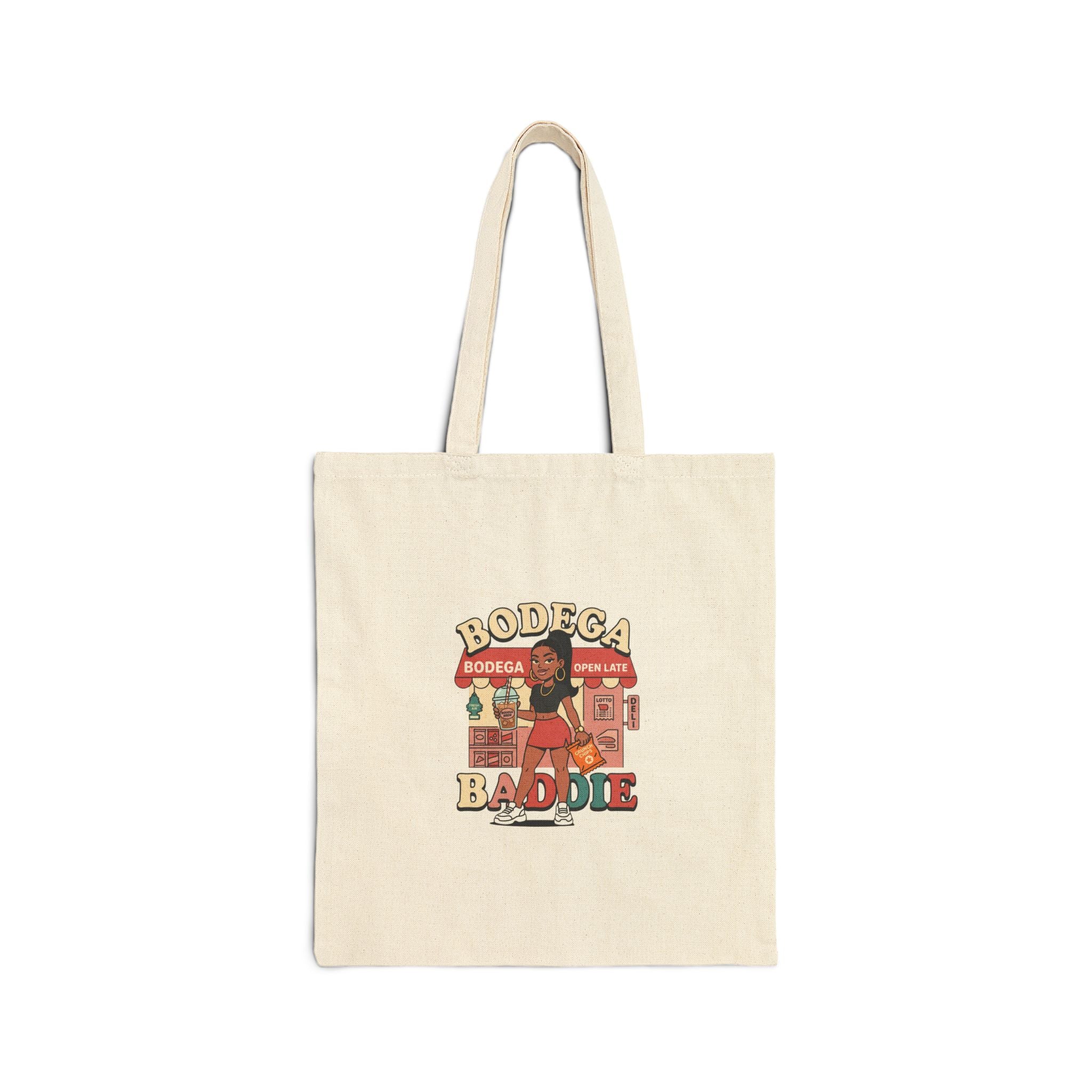 Bodega Baddie Tote Bag – NYC Y2K Aesthetic | Spanglish Corner Store Graphic | Cherry Streetwear Canvas Tote