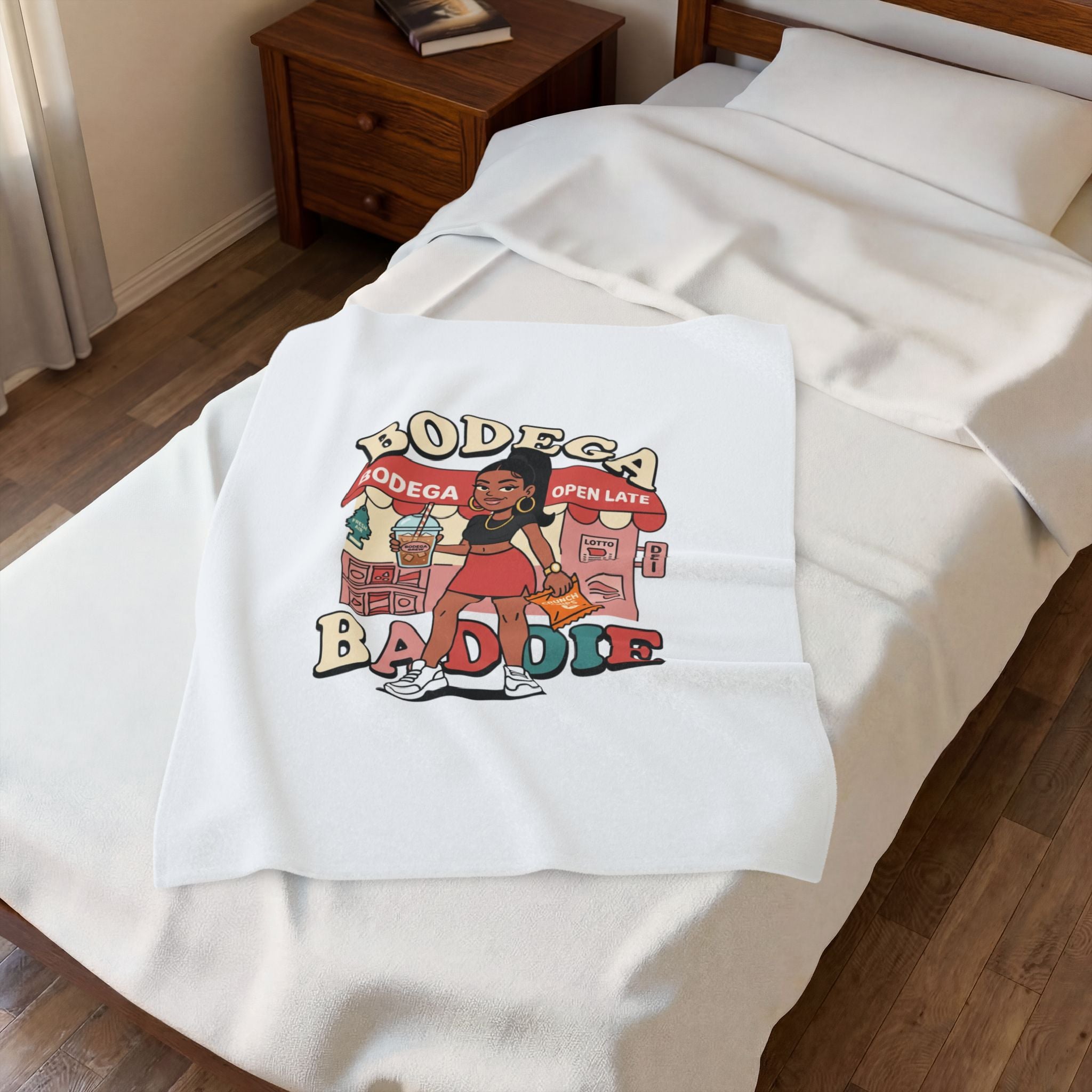 Bodega Baddie Velveteen Blanket – NYC Y2K Aesthetic Throw | Spanglish Deli Sign Design | Soft Cozy Plush Blanket