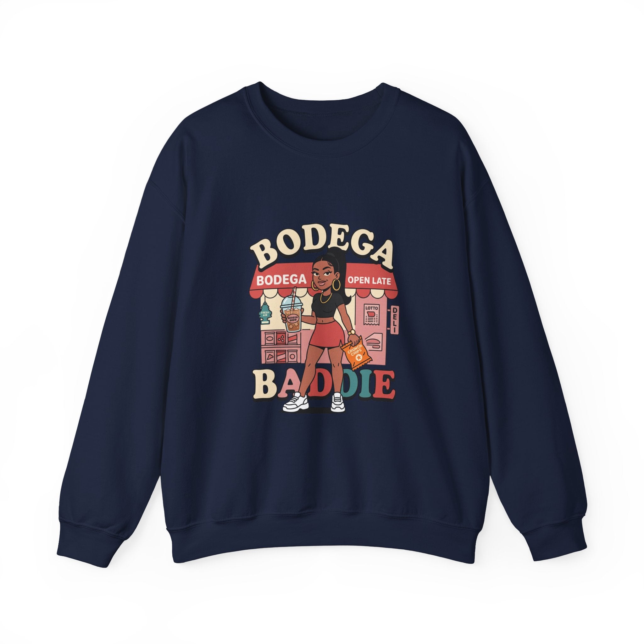 Bodega Baddie Crewneck Sweatshirt – NYC Y2K Streetwear Pullover | Spanglish Deli Sign Graphic | Retro Urban Style