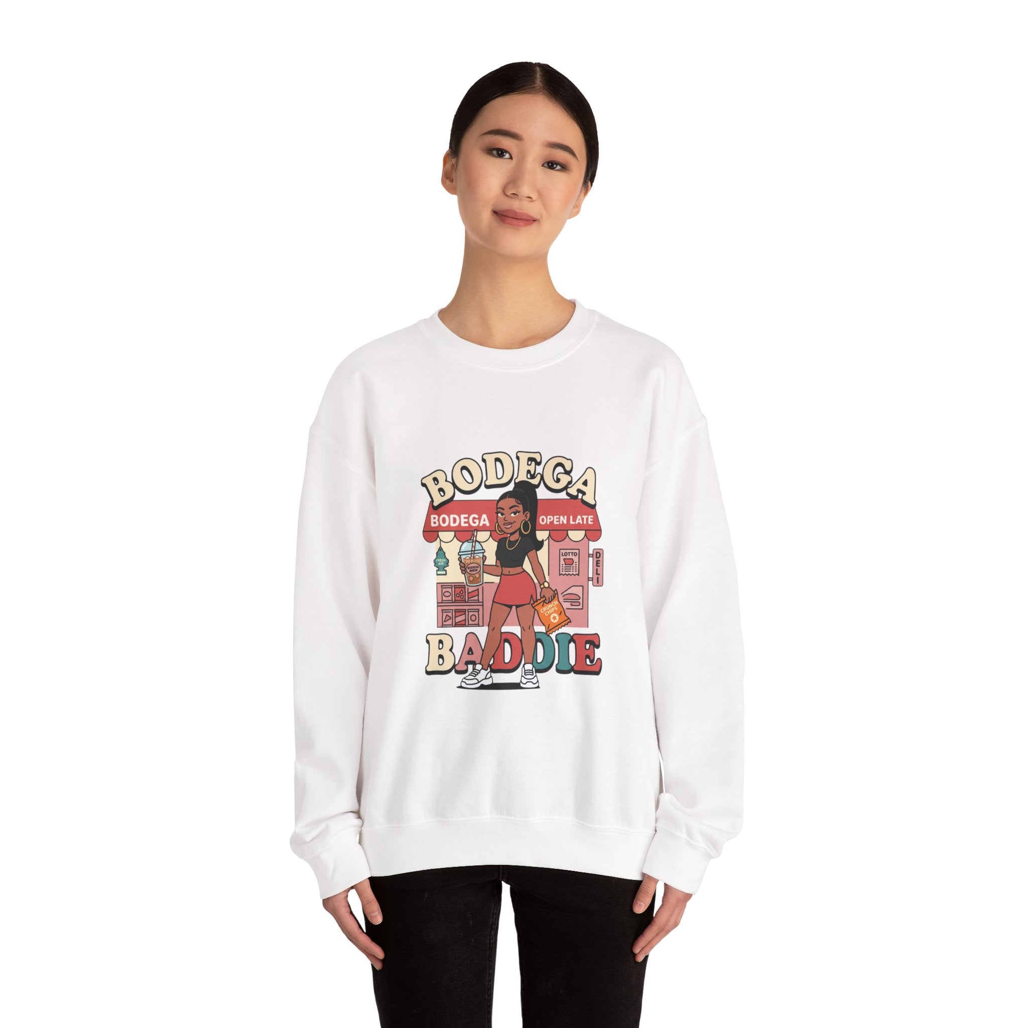 Bodega Baddie Crewneck Sweatshirt – NYC Y2K Streetwear Pullover | Spanglish Deli Sign Graphic | Retro Urban Style