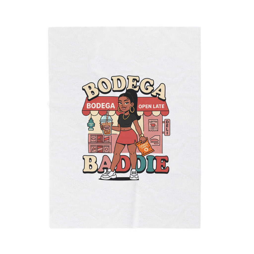 Bodega Baddie Velveteen Blanket – NYC Y2K Aesthetic Throw | Spanglish Deli Sign Design | Soft Cozy Plush Blanket