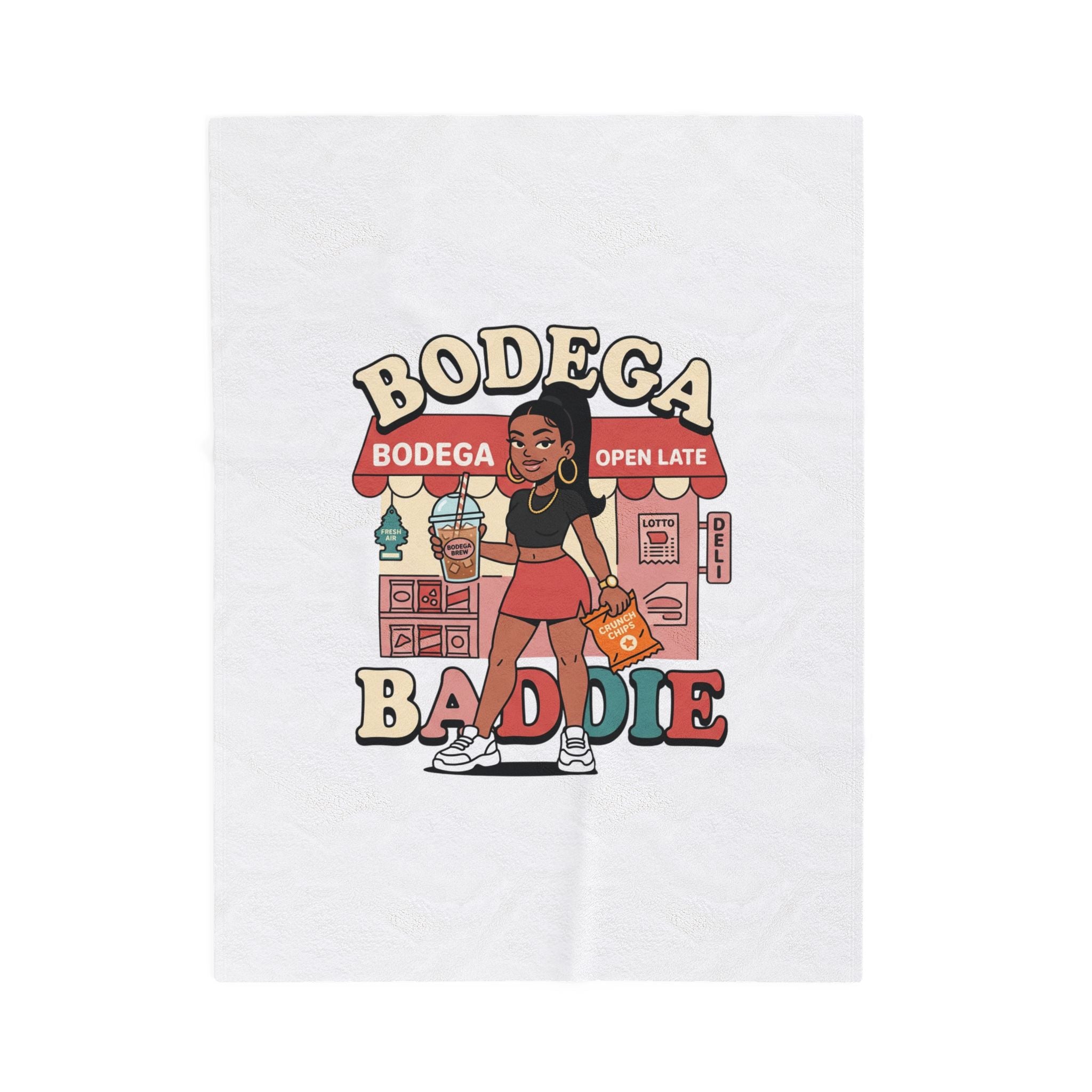 Bodega Baddie Velveteen Blanket – NYC Y2K Aesthetic Throw | Spanglish Deli Sign Design | Soft Cozy Plush Blanket
