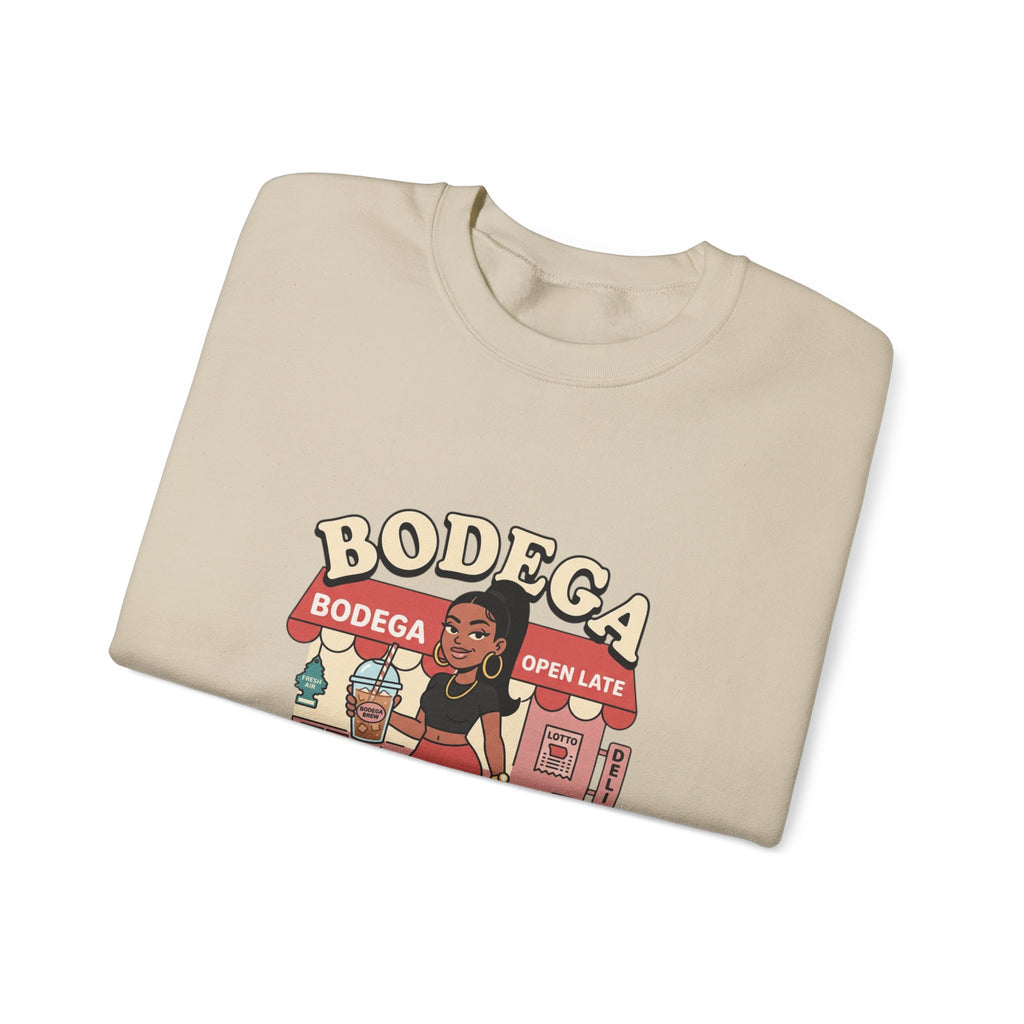 Bodega Baddie Crewneck Sweatshirt – NYC Y2K Streetwear Pullover | Spanglish Deli Sign Graphic | Retro Urban Style