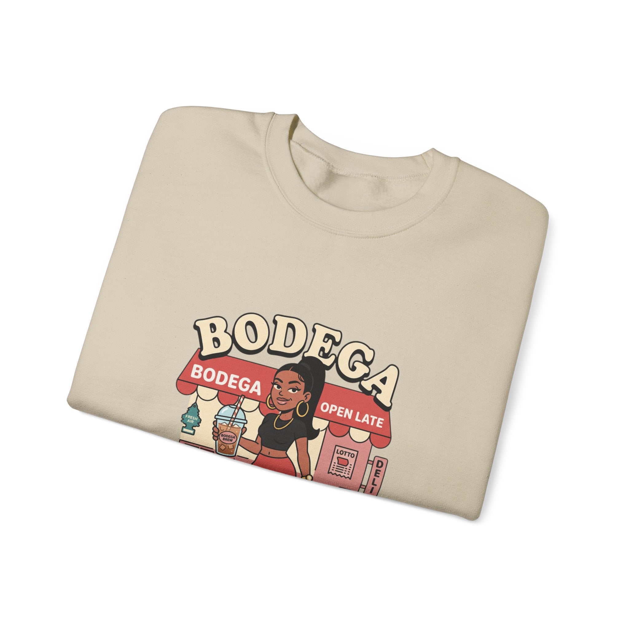 Bodega Baddie Crewneck Sweatshirt – NYC Y2K Streetwear Pullover | Spanglish Deli Sign Graphic | Retro Urban Style
