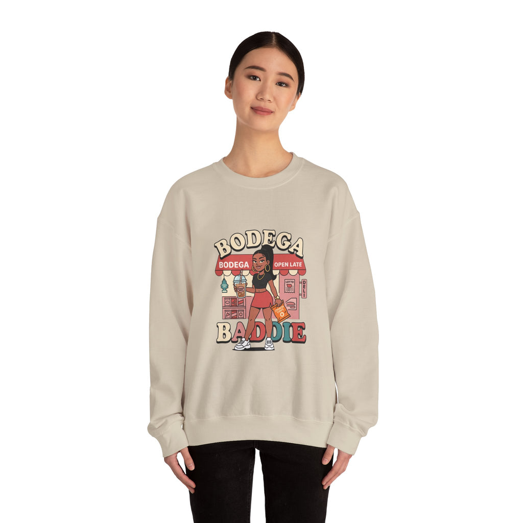 Bodega Baddie Crewneck Sweatshirt – NYC Y2K Streetwear Pullover | Spanglish Deli Sign Graphic | Retro Urban Style