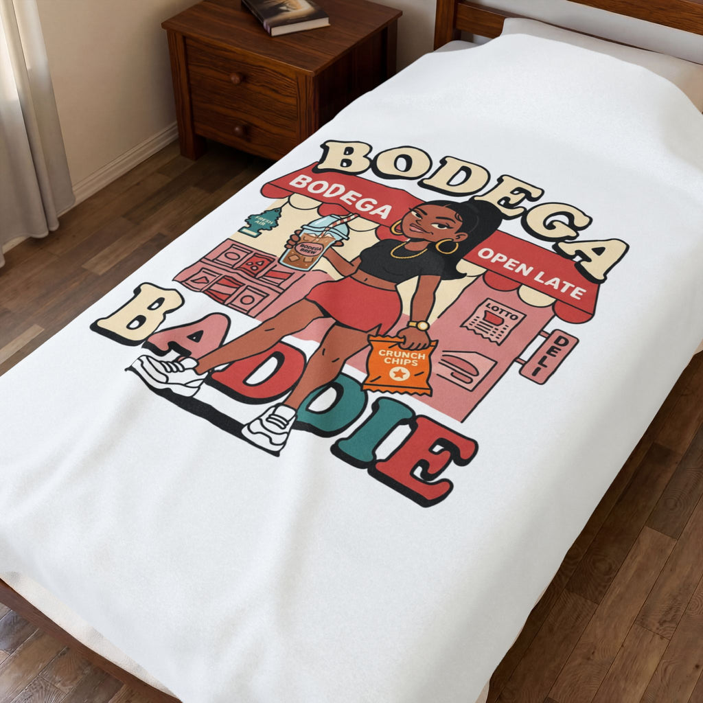 Bodega Baddie Velveteen Blanket – NYC Y2K Aesthetic Throw | Spanglish Deli Sign Design | Soft Cozy Plush Blanket