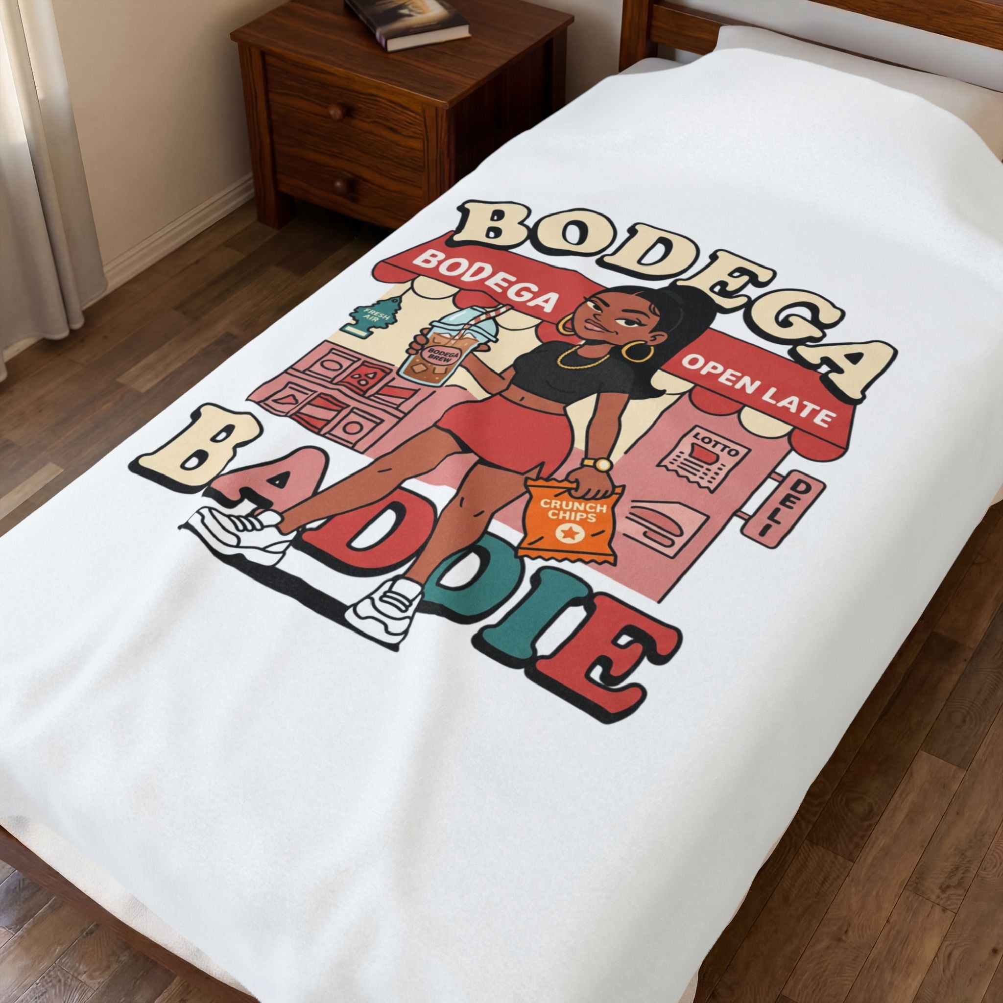 Bodega Baddie Velveteen Blanket – NYC Y2K Aesthetic Throw | Spanglish Deli Sign Design | Soft Cozy Plush Blanket