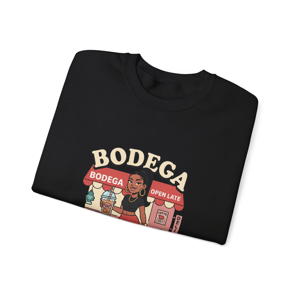 Bodega Baddie Crewneck Sweatshirt – NYC Y2K Streetwear Pullover | Spanglish Deli Sign Graphic | Retro Urban Style