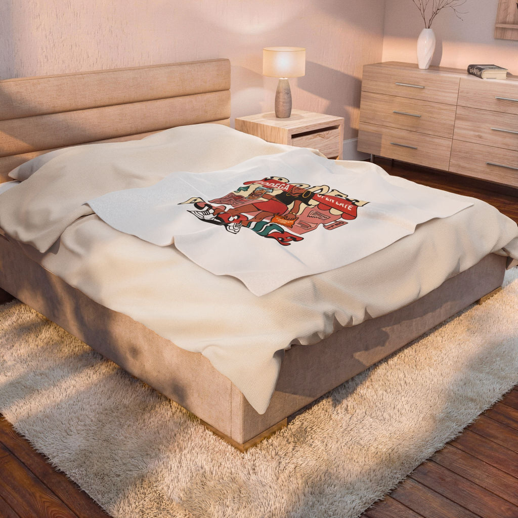 Bodega Baddie Velveteen Blanket – NYC Y2K Aesthetic Throw | Spanglish Deli Sign Design | Soft Cozy Plush Blanket