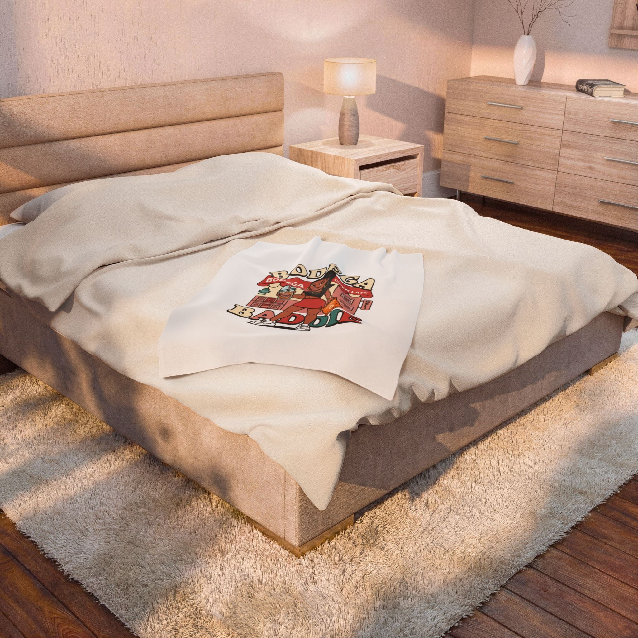 Bodega Baddie Velveteen Blanket – NYC Y2K Aesthetic Throw | Spanglish Deli Sign Design | Soft Cozy Plush Blanket