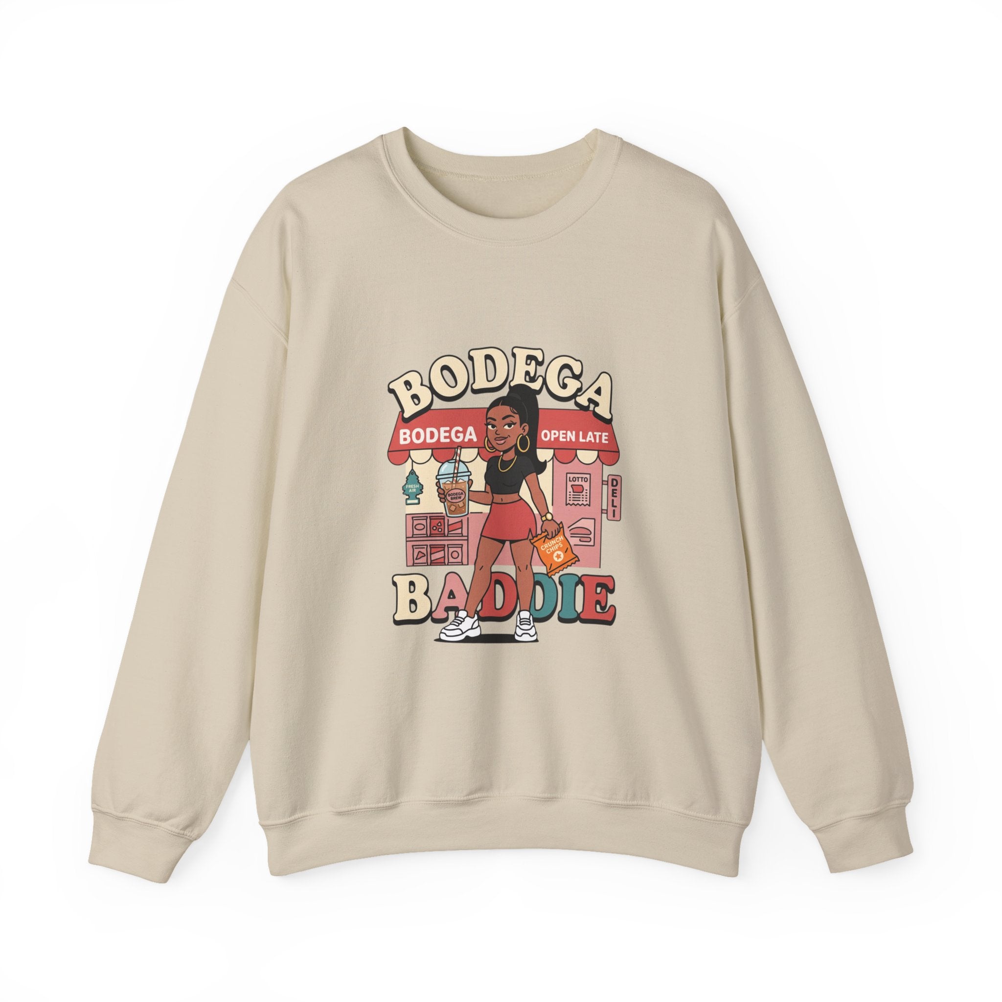 Bodega Baddie Crewneck Sweatshirt – NYC Y2K Streetwear Pullover | Spanglish Deli Sign Graphic | Retro Urban Style