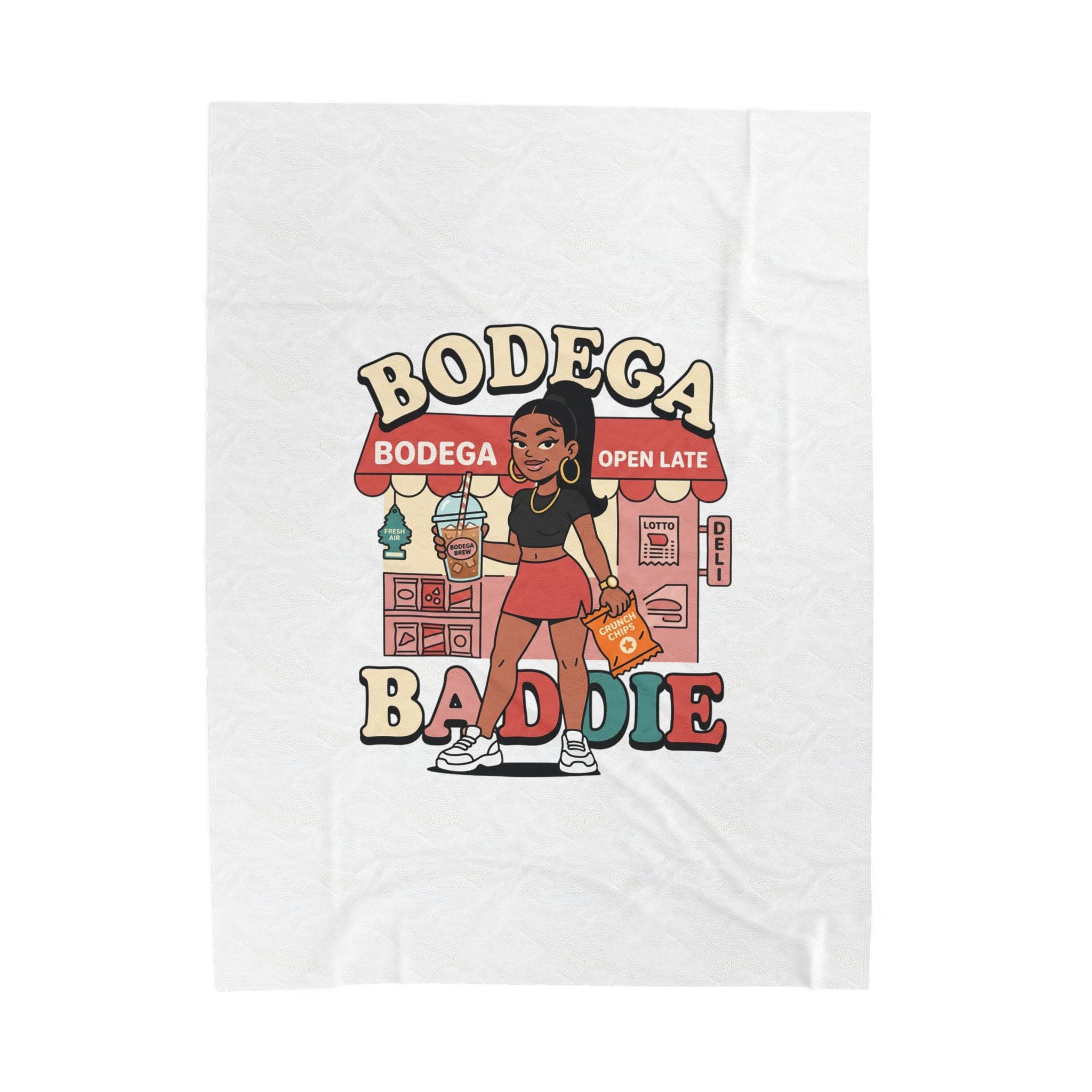 Bodega Baddie Velveteen Blanket – NYC Y2K Aesthetic Throw | Spanglish Deli Sign Design | Soft Cozy Plush Blanket