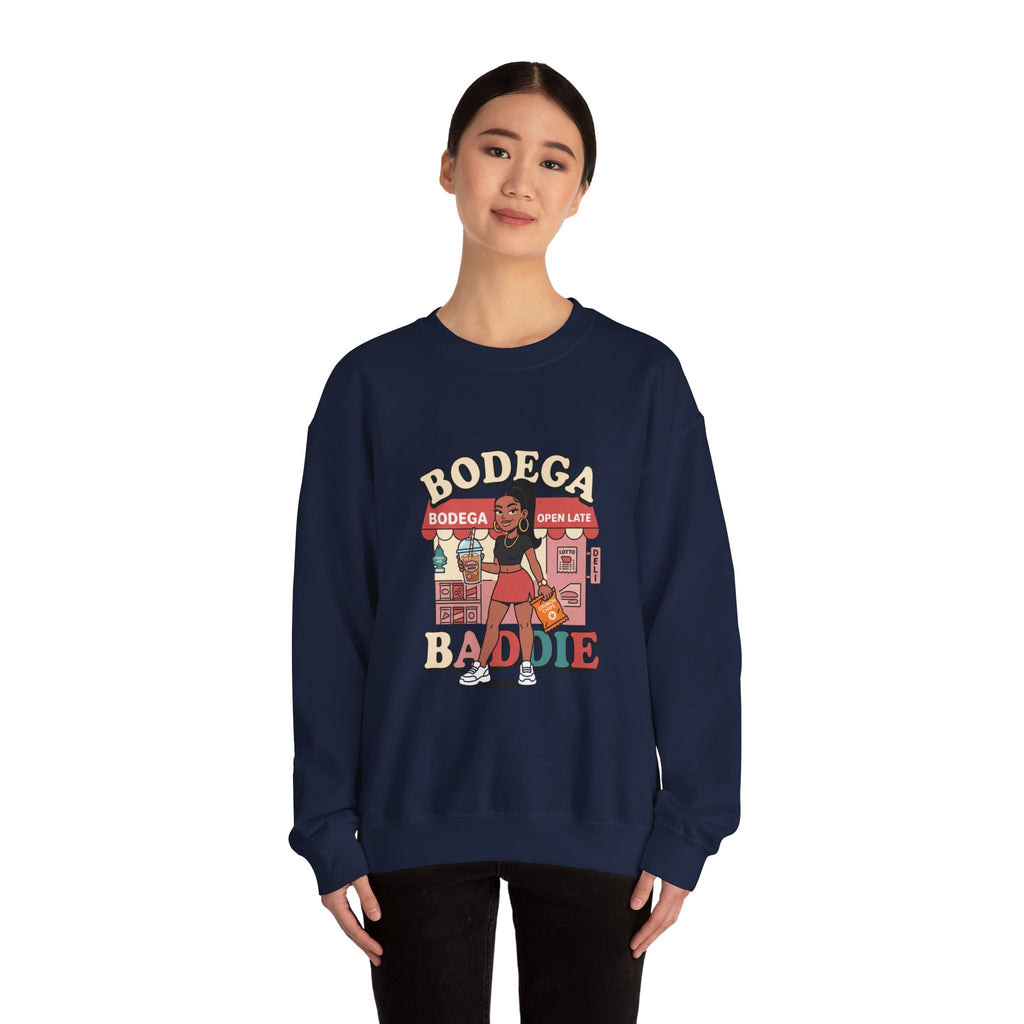 Bodega Baddie Crewneck Sweatshirt – NYC Y2K Streetwear Pullover | Spanglish Deli Sign Graphic | Retro Urban Style