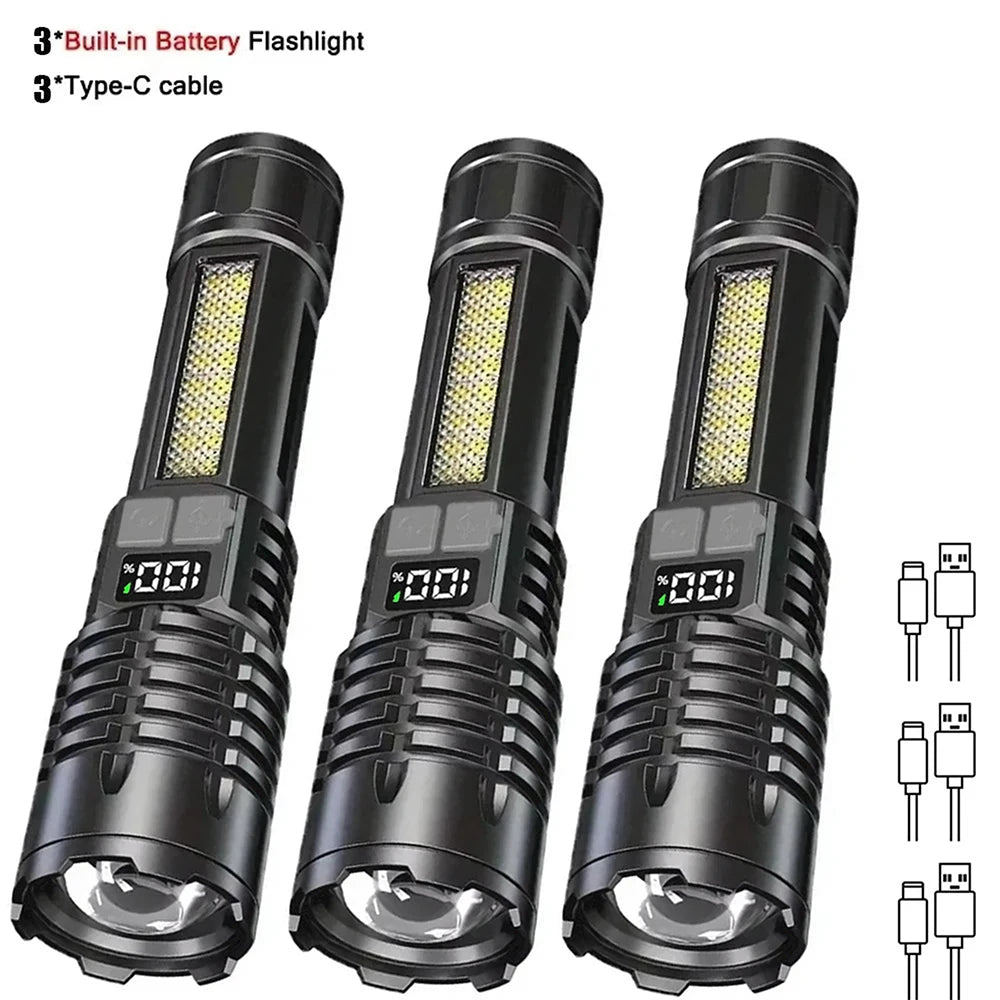 High Power LED Flashlight TYPE-C Rechargeable COB Torch Outdoor Camping Hiking Light