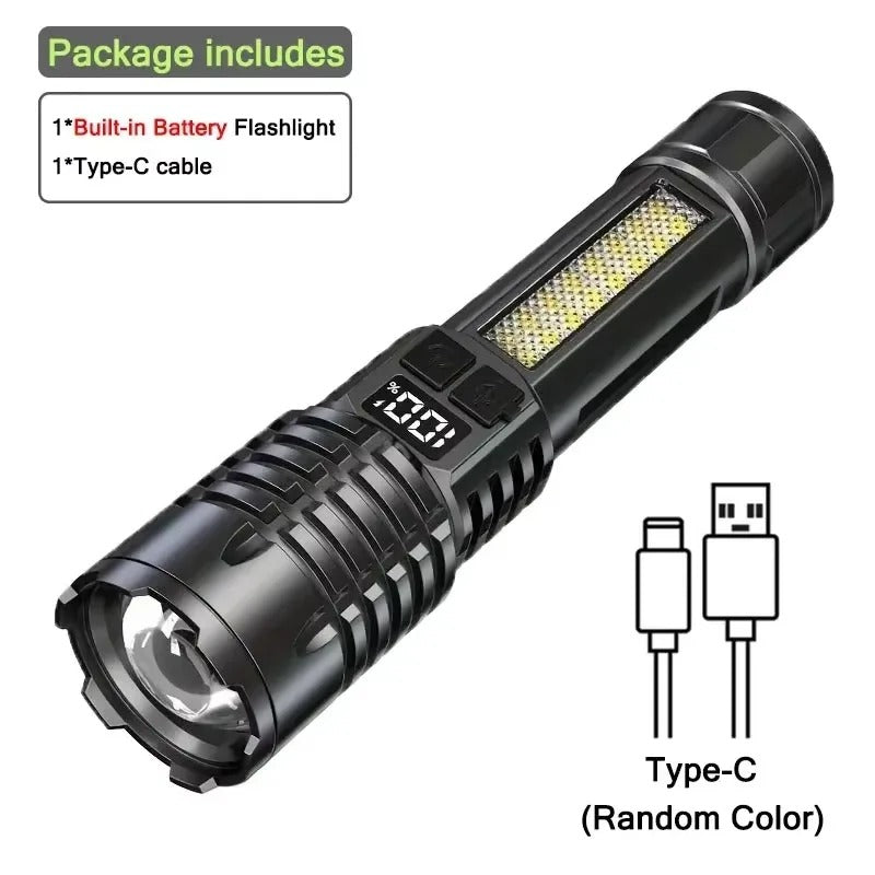 High Power LED Flashlight TYPE-C Rechargeable COB Torch Outdoor Camping Hiking Light