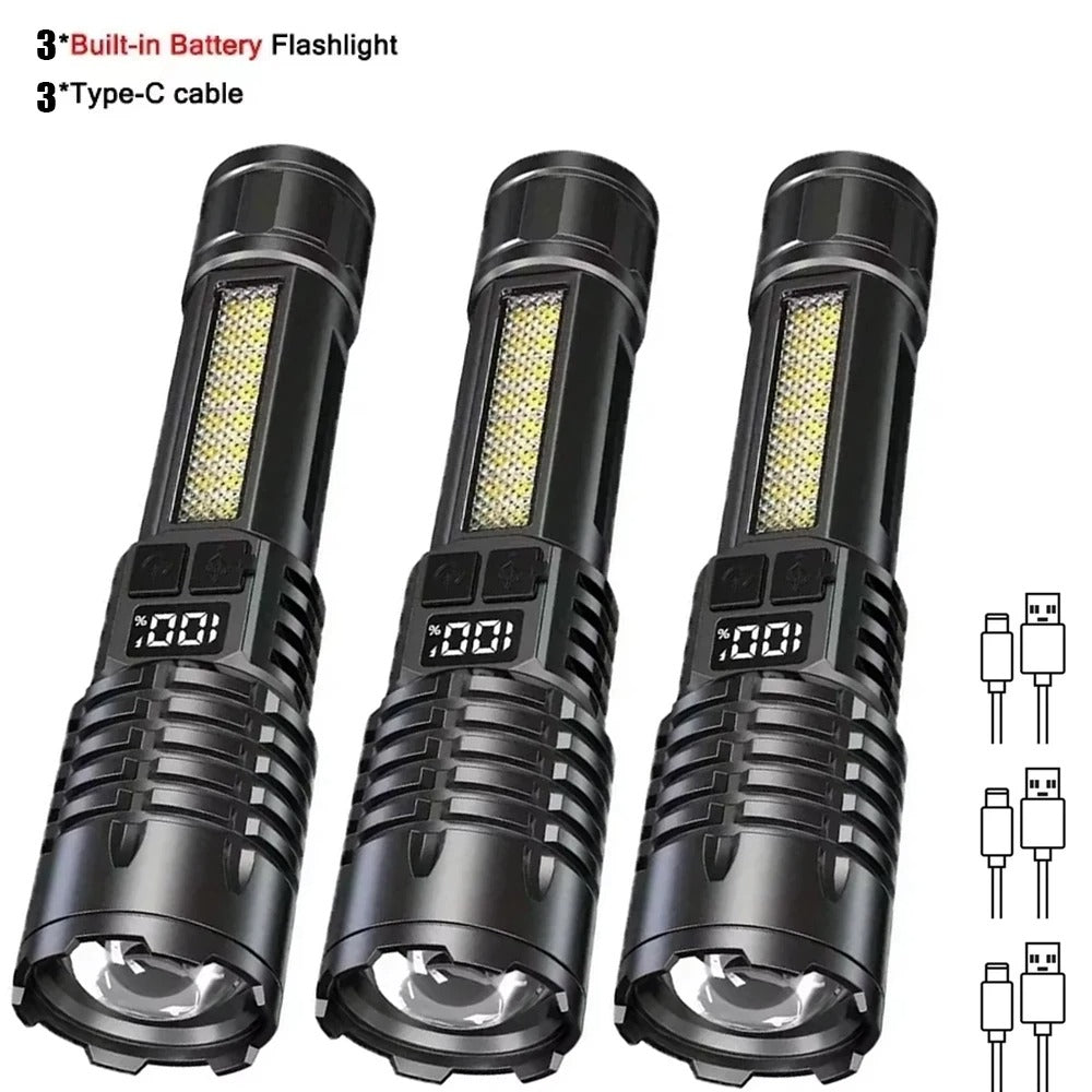 High Power LED Flashlight TYPE-C Rechargeable COB Torch Outdoor Camping Hiking Light